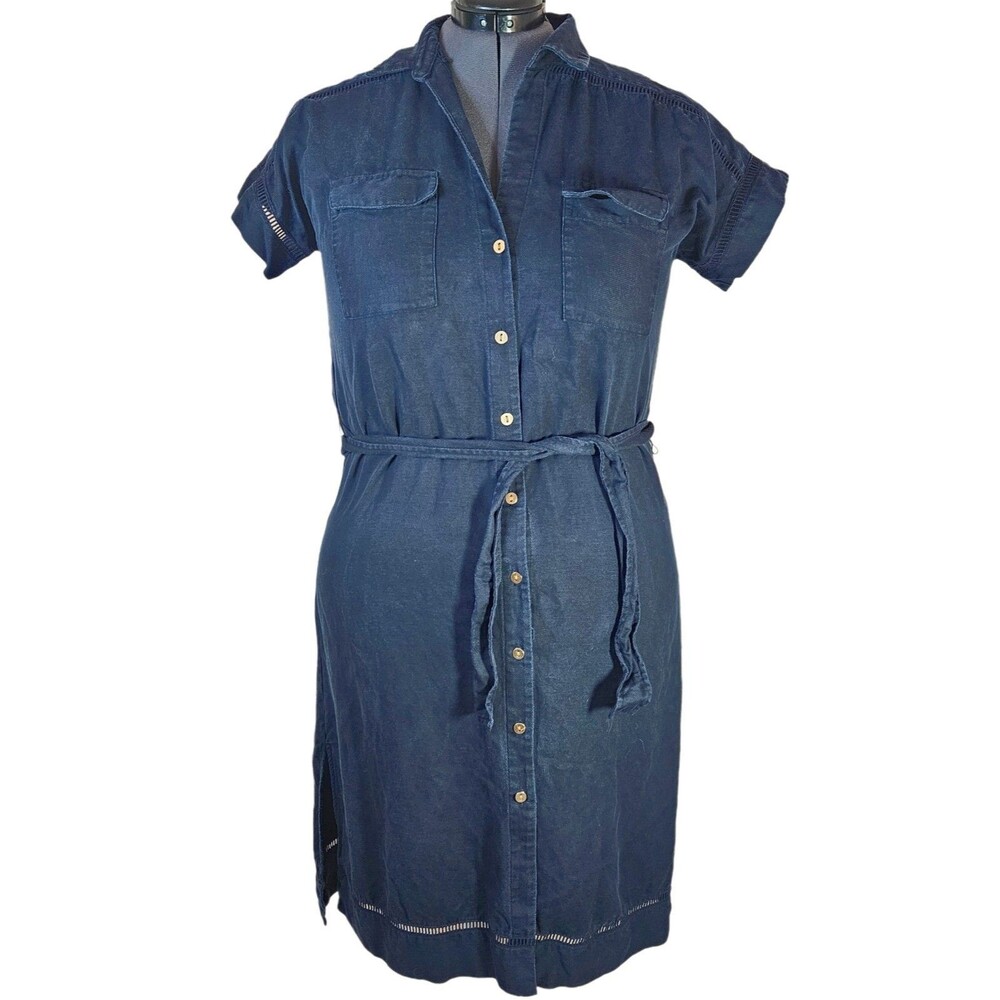 Ann Taylor Linen Blend Button Front Midi Dress Women's 14 Minimalist Nautical